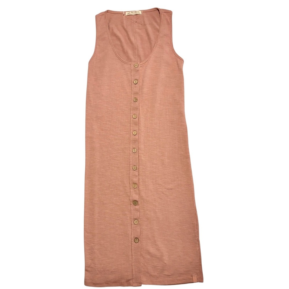 Free People Let Me Be Button Front‎ Ribbed Midi Dress Pink Sleeveless Boho